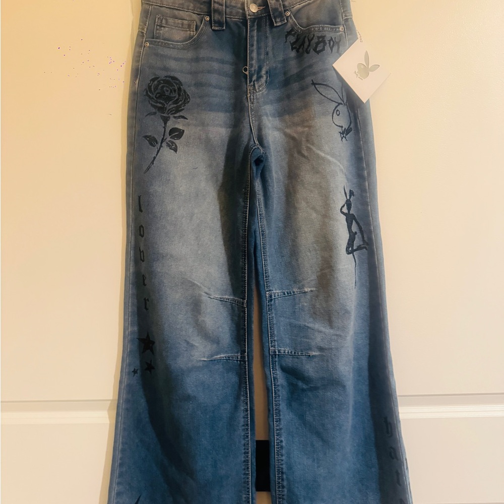 PLAYBOY DENIM JEANS WIDE LEG LOVER HATER, PAC SUN BUNNY LOGO ALL OVER - NWT